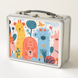 Group of colourful imaginary animals metal lunch box