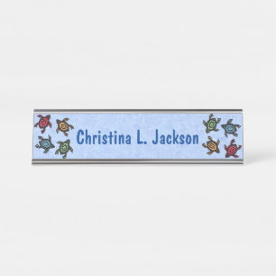 Group of Colourful Turtles Abstract Markings Blue Desk Name Plate