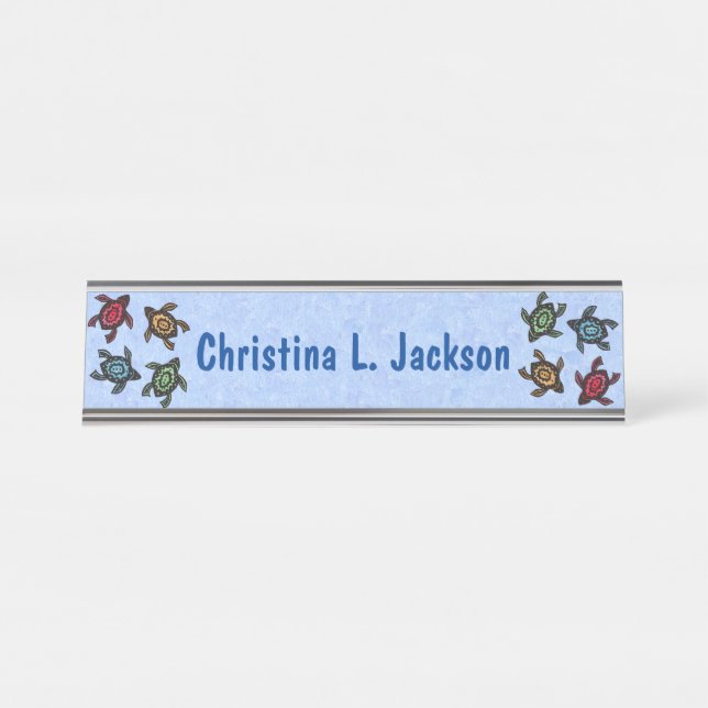 Group of Colourful Turtles Abstract Markings Blue Desk Name Plate (Front)
