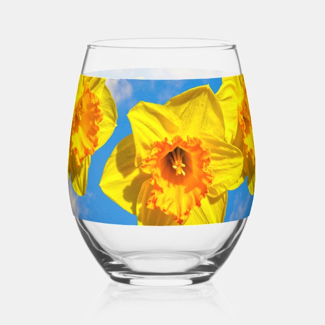 Group of Daffodils Gold Medal flowers Stemless Wine Glass (Back)