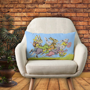 Group of Easter Rabbits Pastel Clothing in Grass Lumbar Cushion