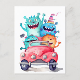 Group of funny monsters drives by car. vacation postcard