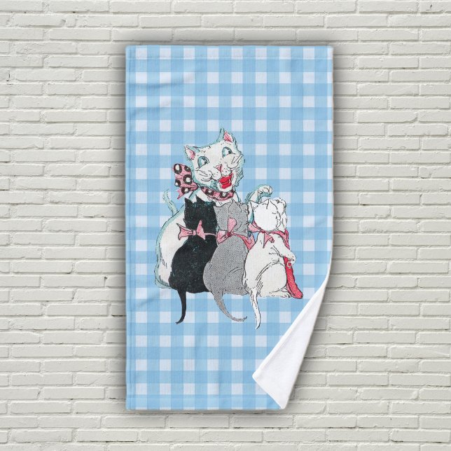 Group of Kittens With Mother Cat Pink Bows Plaid Hand Towel (Mother cat with three kittens on blue and white plaid bath hand towel.)