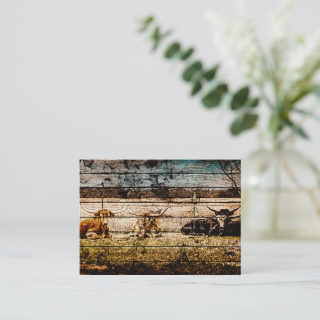 Group of Longhorns Laying in Field Distressed Wood Card (Standing Front)