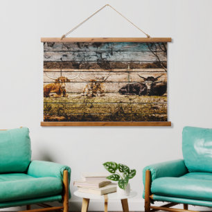 Group of Longhorns Laying in Field Distressed Wood Hanging Tapestry