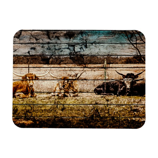 Group of Longhorns Laying in Field Distressed Wood Magnet (Horizontal)