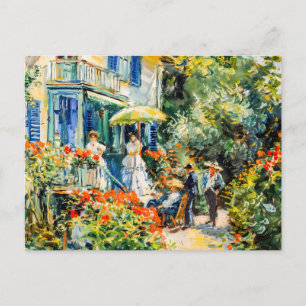 Group of people in garden before a villa holiday postcard