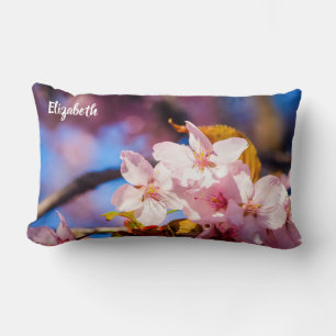 Group Of Sakura Flowers, Soft Pink, Blue Backdrop Lumbar Cushion