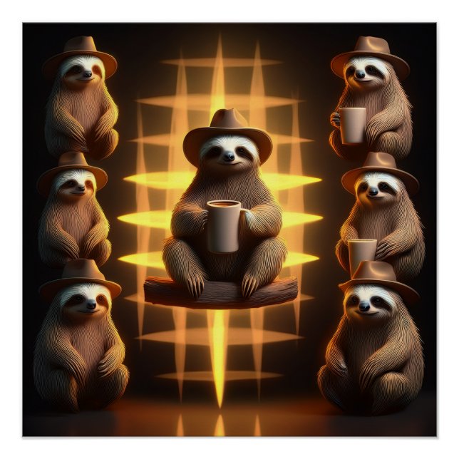 Group Of Sloths Drinking Coffee Poster (Front)