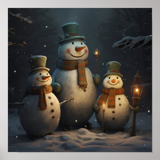 Group of Snowmen with Plaid Scarves  Poster (Front)