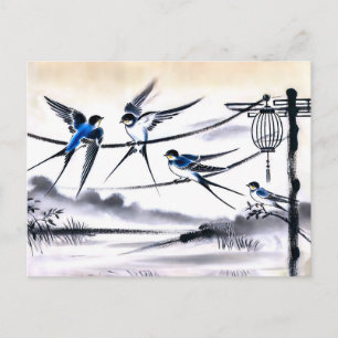 Group of Swallows Gathering on a Power Line in Chi Postcard