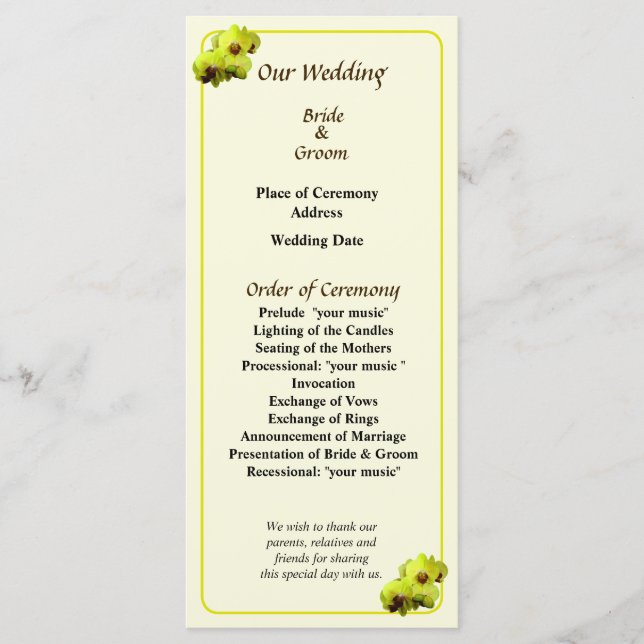 Group of Yellow Orchids Wedding Program (Front)