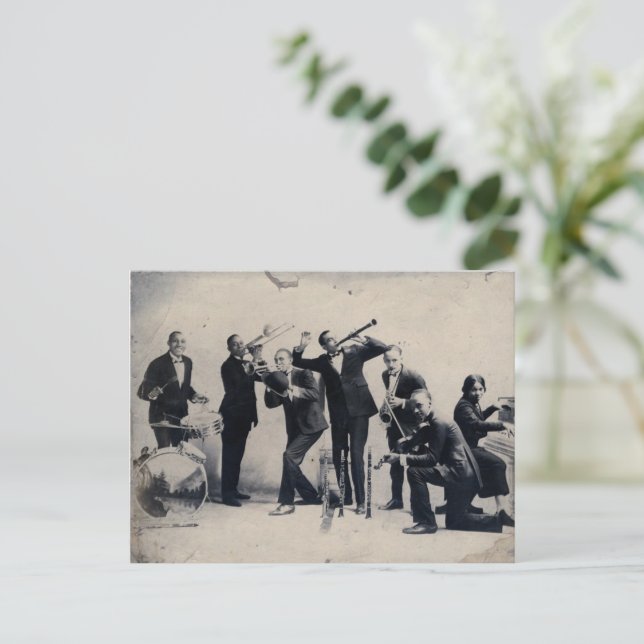 Group portrait of vaudeville musicians, 1920 postcard (Standing Front)
