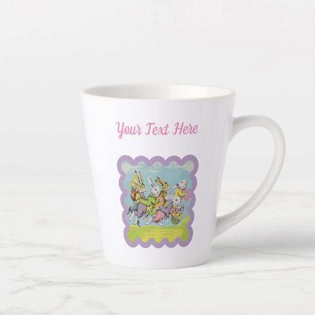 Group Running Easter Rabbits in Grass Eggs Baskets Latte Mug (Right)