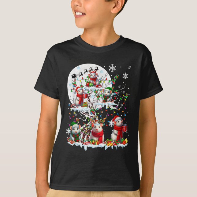 Group Santa Reindeer Elf Rats On Tree Christmas Sn T-Shirt (Front)