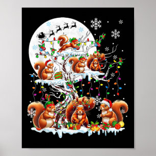 Group Santa Reindeer Elf Squirrels On Tree Christm Poster
