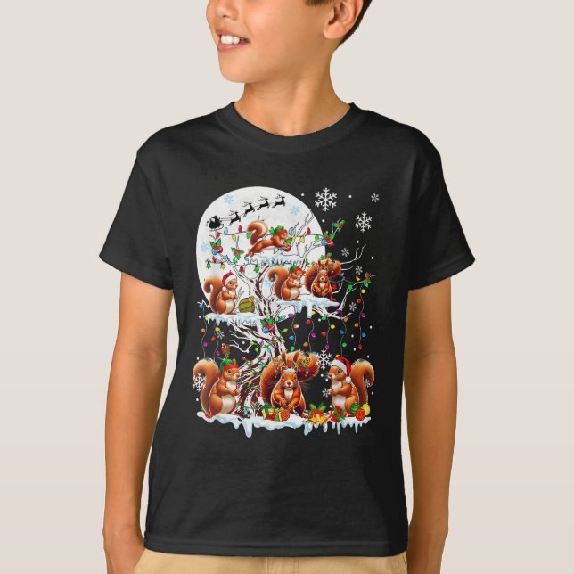 Group Santa Reindeer Elf Squirrels On Tree Christm T-Shirt (Front)