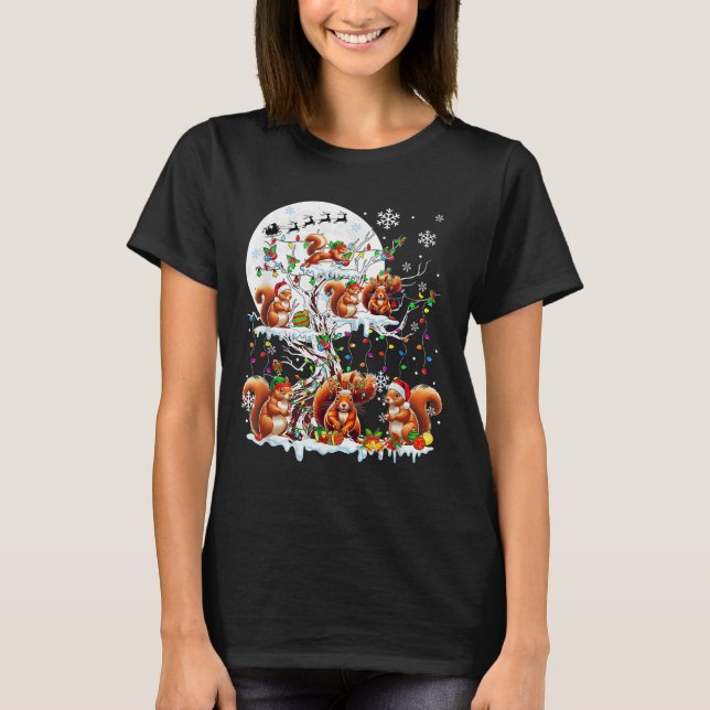 Group Santa Reindeer Elf Squirrels On Tree Christm T-Shirt (Front)