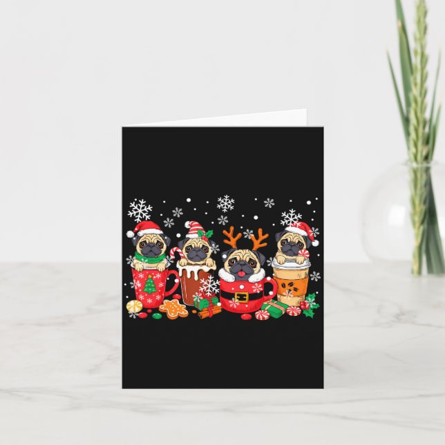 Group Santa Reindeer Pugs In Coffee C Christmas  Card (Front)