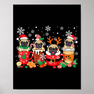 Group Santa Reindeer Pugs In Coffee C Christmas  Poster