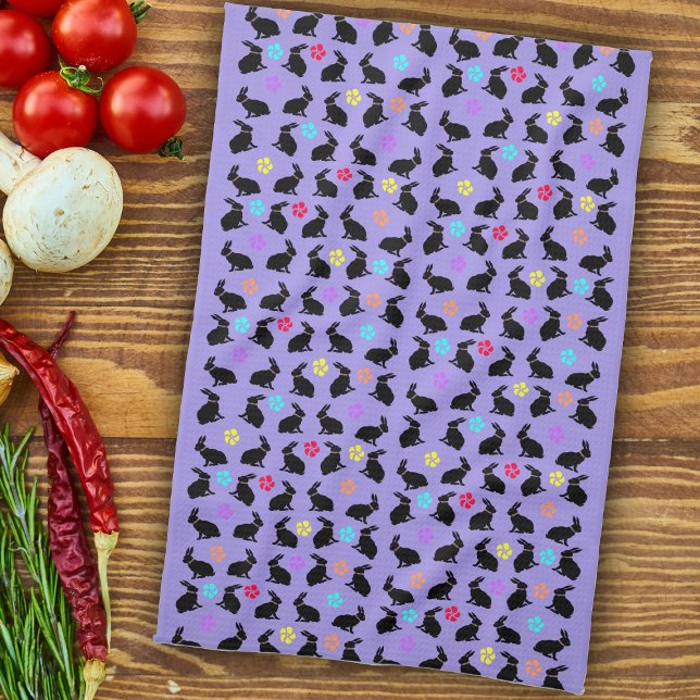 Group Spring Black Sitting Rabbits Flowers Purple Tea Towel (Black silhouette rabbits colourful flowers on purple kitchen towel for sprint or Easter.)