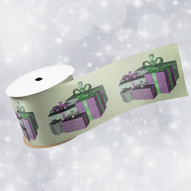 Grouped wrapped purple green presents Light Green Satin Ribbon (Group wrapped presents shiny purple and green on light green Christmas or Birthday gift wrap ribbon.)