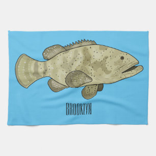 Grouper fish cartoon illustration tea towel