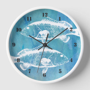 Grouper fish vintage illustration white on blue clock