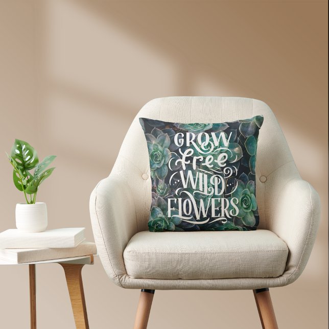 Grow Free Wild Flowers Boho Quote Cactus Cushion (Grow Free Wild Flowers Boho Quote Cactus Throw Pillow)