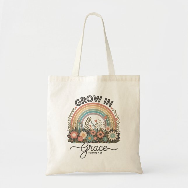 Grow in Grace Christian Bible Verse Retro Rainbow Tote Bag (Front)