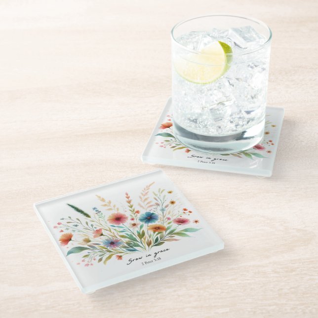 Grow in Grace floral Glass Coaster (Angled)