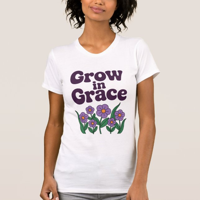 Grow in Grace – Peaceful Purple Floral Art T-Shirt (Front)