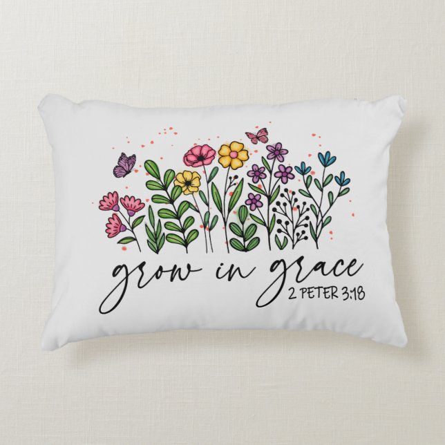 Grow in Grace – Vibrant Floral Inspirational Decorative Cushion (Front)