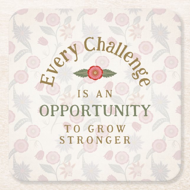 "Grow Stronger" Affirmation Square Paper Coaster (Front)