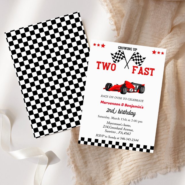 grow up too fast race car twin boys 2nd birthday invitation (Creator Uploaded)
