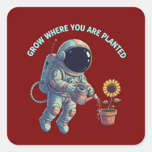 "Grow Where You Are Planted" Retro Astronaut & Sun Square Sticker