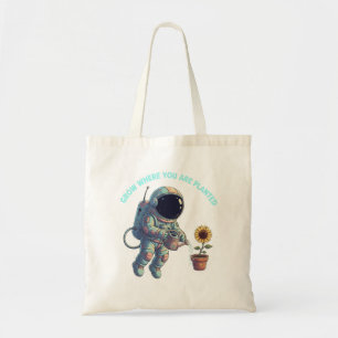 "Grow Where You Are Planted" Retro Astronaut & Sun Tote Bag