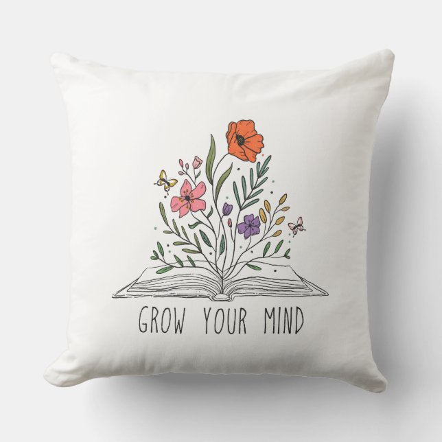 Grow Your Mind Boho Wildflower and Book Cushion (Front)