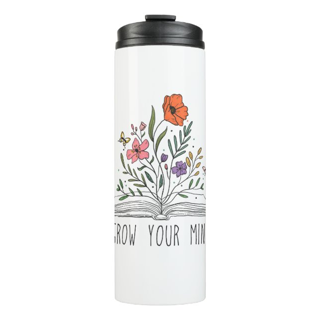 Grow Your Mind Boho Wildflower and Book Thermal Tumbler (Front)