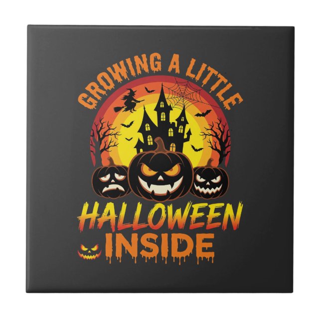 Growing a Little Halloween Inside Haunted Pumpkin  Ceramic Tile (Front)