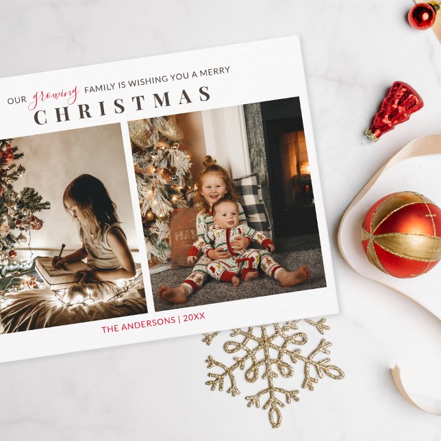 Growing Family 2 Kids Photo Merry Christmas Postcard (Christmas greeting card with 2 photos of kids from a growing family )