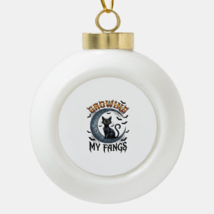 Growing Fangs Black Cat Crescent Moon Bats Hallowe Ceramic Ball Christmas Ornament