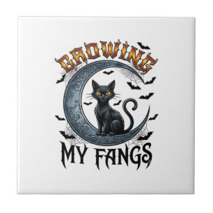 Growing Fangs Black Cat Crescent Moon Bats Hallowe Ceramic Tile