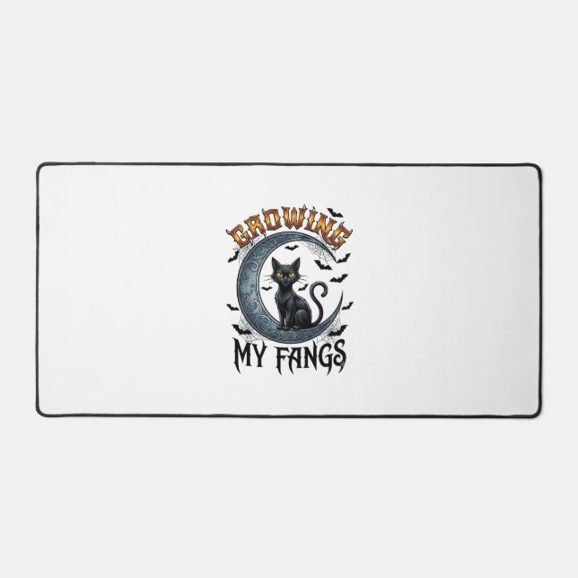 Growing Fangs Black Cat Crescent Moon Bats Hallowe Desk Mat (Front)