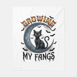Growing Fangs Black Cat Crescent Moon Bats Hallowe Fleece Blanket