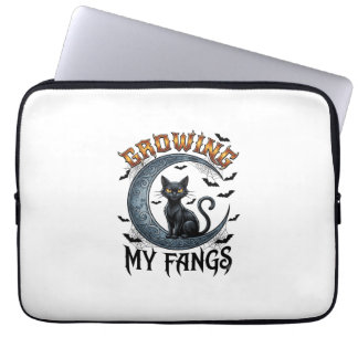 Growing Fangs Black Cat Crescent Moon Bats Hallowe Laptop Sleeve