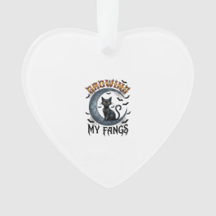 Growing Fangs Black Cat Crescent Moon Bats Hallowe Ornament