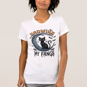 Growing Fangs Black Cat Crescent Moon Bats Hallowe T-Shirt