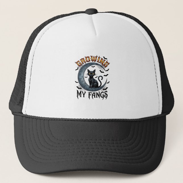 Growing Fangs Black Cat Crescent Moon Bats Hallowe Trucker Hat (Front)