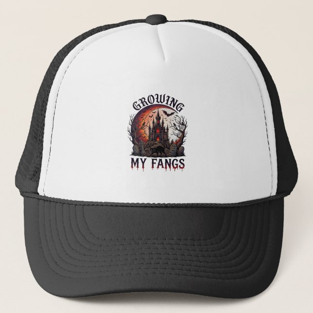 Growing Fangs Halloween Haunted Castle Black Cat M Trucker Hat (Front)